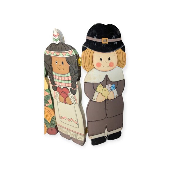 Vintage Hand Painted Thanksgiving Figures Foldable Wooden 5 Panel - Picture 4 of 11